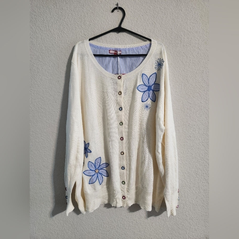 Joe Browns NWT Women’s Cream Blue embroidered flowers button cardigan size 20/22